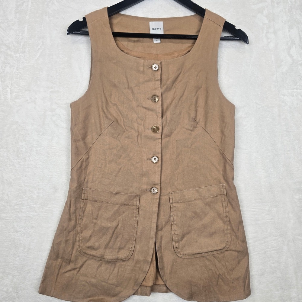 Maeve Anthropologie Tan Linen Blend Button Front Longline Vest Pockets XS